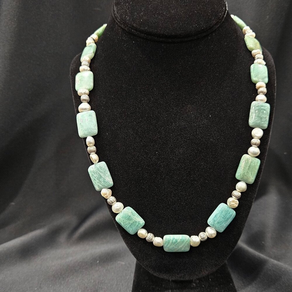 Handcrafted Sterling Silver Amazonite Cultured Fresh Water Pearl Necklace NWOT